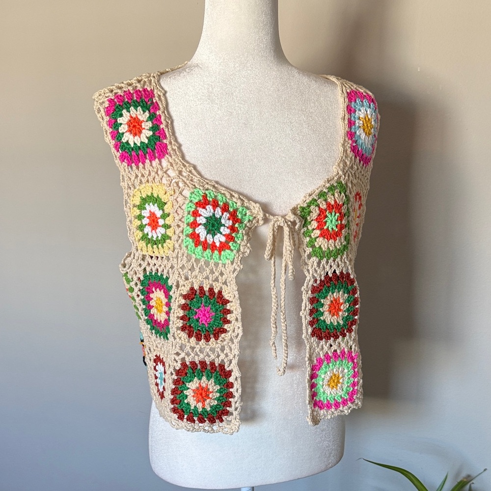 SHEIN Granny Square Colorful Crochet Vest‎  concert boho funk cottage SZ 1XL